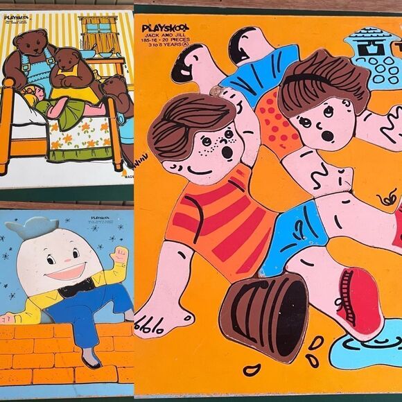 Vintage Playskool Wood Puzzle Nursery Rhymes Jack Jill Three Bears Humpty Dumpty - Picture 1 of 11